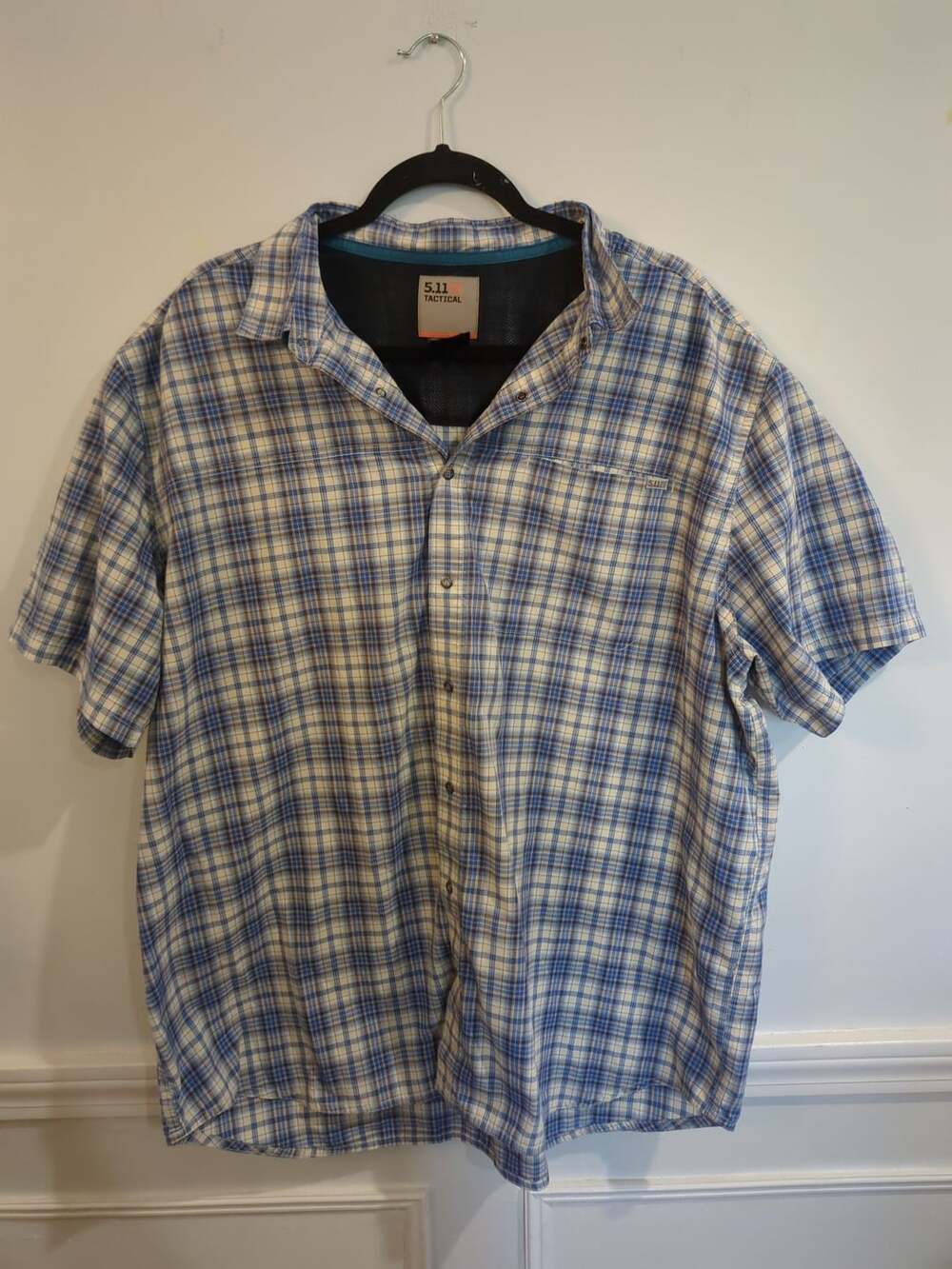 5.11 Tactical Mens 2XL Blue White Plaid Short Sleeve Button Down Shirt